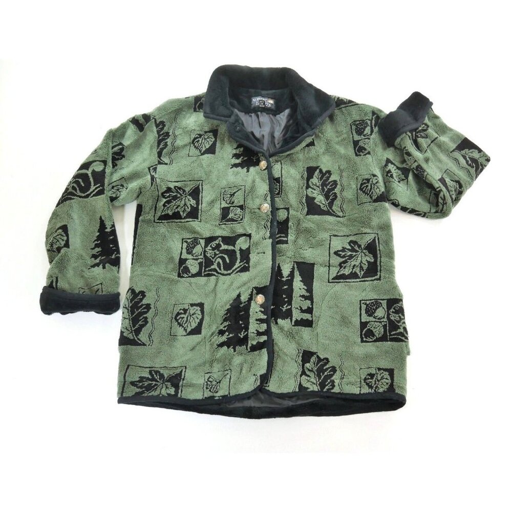 Nordic Lights Green Fleece Button Front Jacket Black Fall Print Womens M Medium